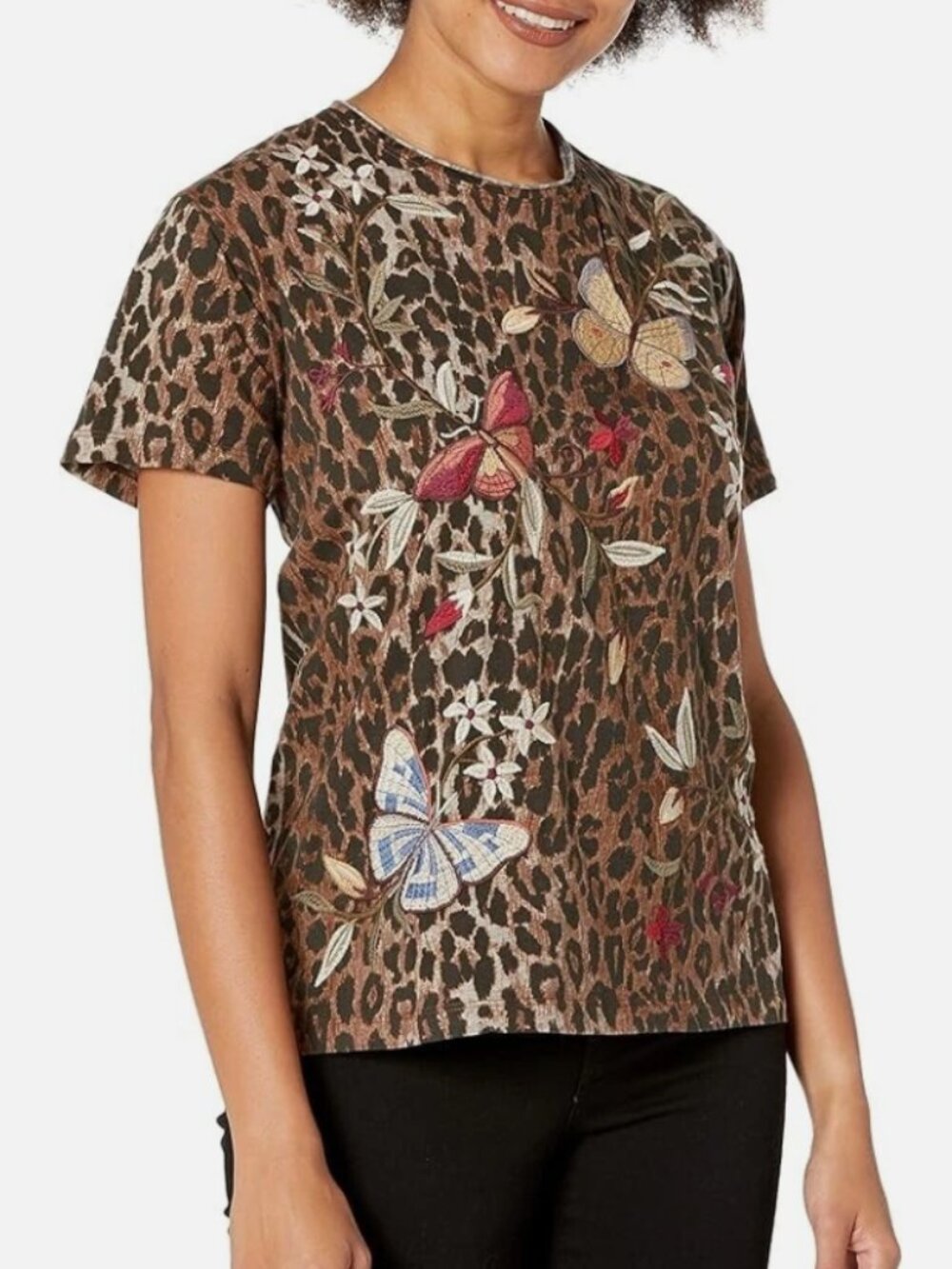 Johnny Was Penelope Shirt Leopard Brown Butterfly Embroidery Size M